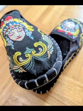 Black Canvas Shoes W9/M7 Folk Art Kung Fu Style Flats Slip On New